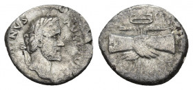 ANTONINUS PIUS (138-161). Denarius. Rome.
Obv: ANTONINVS AVG PIVS P P.
Laureate head right.
Rev: COS IIII.
Clasped hands over caduceus and grain e...