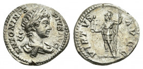 CARACALLA (198-217). Denarius. Rome. Obv: ANTONINVS PIVS AVG. Laureate and draped bust right. Rev: VIRTVS AVGG. Virtus standing left, holding victorio...