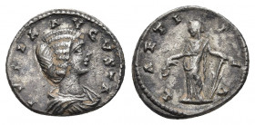 JULIA DOMNA (Augusta, 193-217). Denarius. Laodicea ad Mare.
Obv: IVLIA AVGVSTA.
Draped bust right.
Rev: LAETITIA.
Laetitia standing left with rudd...