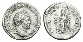 CARACALLA (197-217). Denarius. Rome.
Obv: ANTONINVS PIVS AVG GERM.
Laureate head right.
Rev: P M TR P XVIII COS IIII P P.
Fides standing left, hol...