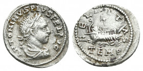 ELAGABALUS (218-222). Denarius. Antioch.
Obv: ANTONINVS PIVS FEL AVG.
Laureate, draped and cuirassed bust right.
Rev: FELICITAS / TEMP.
Galley rig...