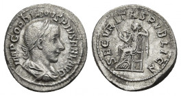 GORDIAN III (238-244). Denarius. Rome.
Obv: IMP GORDIANVS PIVS FEL AVG.
Laureate, draped and cuirassed bust right.
Rev: SECVRITAS PVBLICA.
Securit...
