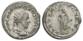 GORDIAN III (238-244). Antoninianus. Rome.
Obv: IMP GORDIANVS PIVS FEL AVG.
Radiate, draped and cuirassed bust right.
Rev: VIRTVTI AVGVSTI.
The Fa...