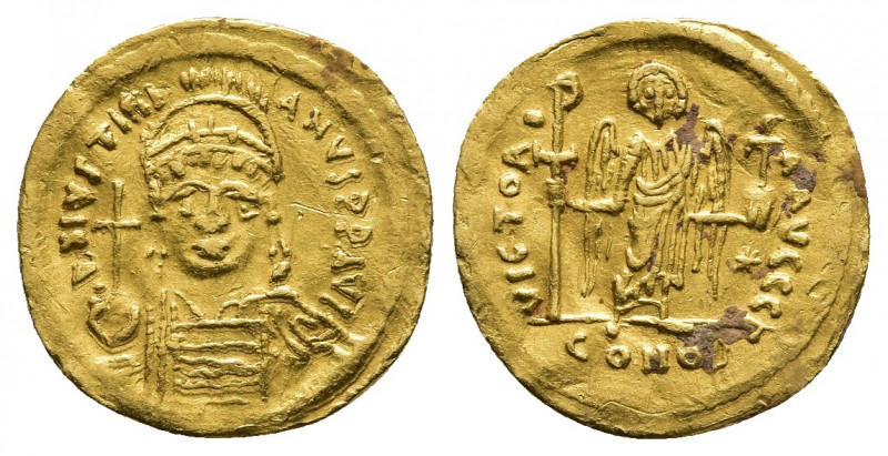 JUSTINIAN I (527-565). GOLD Solidus. Constantinople
Obv: D N IVSTINIANVS P P AV...