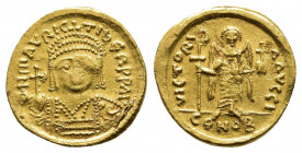 MAURICE TIBERIUS (582-602). GOLD Solidus. Constantinople. Light weight issue of 23 siliquae.
Obv: δ N MAVRC TIЬ P P AVG.
Draped and cuirassed facing...
