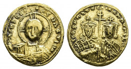 CONSTANTINE VII PORPHYROGENITUS with ROMANUS II (913-959). Fourree Solidus. Constantinople.
Obv: + IҺS XPS RЄX RЄGNANTIЧM.
Facing bust of Christ Pan...