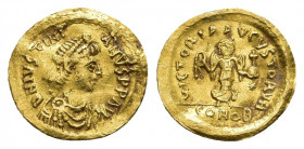JUSTINIAN I (527-565). GOLD Tremissis. Constantinople.
Obv: D N IVSTNIANVS P P AVG.
Diademed, draped and cuirassed bust right.
Rev: VICTORIA AVGVST...