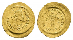 JUSTINUS I (518-527). GOLD Tremissis. Constantinople.
Obv: D N IVSTINVS P P AVI.
Diademed, draped and cuirassed bust right.
Rev: VICTORIA AVCVSTORV...