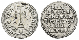 Basil I the Macedonian, with Leo VI and Alexander (867-886). Miliaresion. Constantinople.
Obv: IhSYS XRI SτЧS hIC A.
Cross potent set on three steps...
