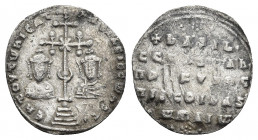 BASIL II BULGAROKTONOS with CONSTANTINE VIII (976-1025). Miliaresion. Constantinople.
Obv: ЄҺ TOVTω ҺICAT ЬASILЄI C CωҺST.
Cross crosslet with centr...