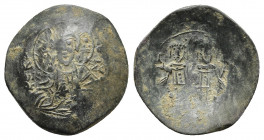 ALEXIUS III ANGELUS-COMNENUS (1195-1203). Trachy. Constantinople. Obv: Facing bust of Christ Emmanuel. Rev: Alexius and St. Constantine standing facin...