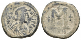 JUSTIN I & JUSTINIAN I (527). Follis. Nicomedia.
Obv: D N IVSTINVS.
Diademed, draped and cuirassed bust of Justin right.
Rev: Large M; star to left...