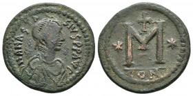 ANASTASIUS I (491-518). Follis. Constantinople.
Obv: D N ANASTASIVS P P AVG.
Diademed, draped and cuirassed bust right.
Rev: Large M; star to left ...