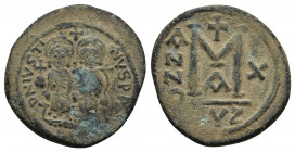 JUSTIN II with SOPHIA (565-578). Follis. Kyzikus. Dated RY 10 (574/5).
Obv: D N IVSTINVS P P AVG.
Justin, holding globus cruciger, and Sophia, holdi...