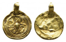 Viking Gold Filigree Boss Pendant 9th-11th century AD. A gold circular pendant with granulated and filigree decoration in the form of linked pelta pat...
