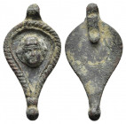 Roman Gorgon Horse Harness Pendant. ( Circa 1st-3rd century). Ae.
Condition: Very Fine.
Weight: 2.48 gr.