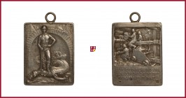 Austria, Franz Joseph (1848-1916) silver plaquette, 1905, 23,19 g Ag, 40 (46)x32 mm, opus: A. Hartig, Karawanken Tunnel 1905, miner, standing on a dea...