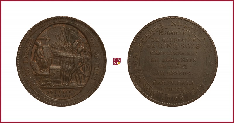 France, First Republic/Constitution, Monneron Frères, 5 Sols copper token, 1792,...