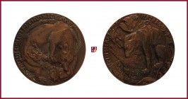 Bronze medal, 1914, 95,29 g Cu/Ae, 57 mm, opus: K. Goetz (Munich), September 1914 Entente Treaty, bear, rooster and bulldog, signing the Treaty/beast,...