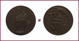 Zinc medal, undated, 47,92 Zn, 50 mm, opus: R. Bachmann, View of Trieste, king, seated on a box, holding umbrella and watching towards the city of Tri...