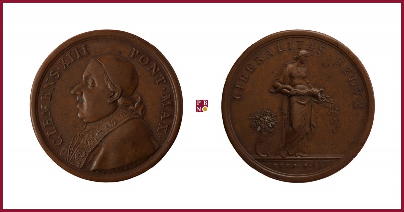 The Papal States, Clement XIII (1758-1769), bronze medal, undated, 32,54 g Cu, 4...