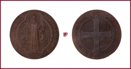 The Papal States, Monte Cassino, bronze medal, 1880, 45,10 g Cu, 46 mm, standing figure of Saint Benedict of Nursia/Cross; inscriptions, Wurzbach 627;...