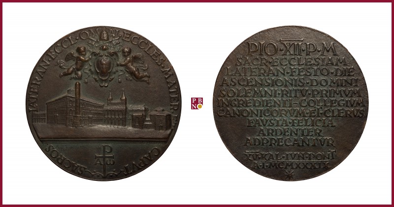 Vatican, Pius XII (1939-1958), cast bronze medal, 1939, 214,79 g Cu/Ae, 89 mm, e...