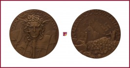 United States, bronze medal, (1945), 32,11 g Cu/Ae, 43 mm, opus: A. Mistruzzi, pyramid of skulls before a ruined building, lightning attacks a swastik...