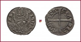 Aquileia, Bertrando (1334-1350), Denaro, 1,15 g Ag, 19 mm, cross/Saint Hermacoras seated, Bernardi 44a.
Extremely Fine (Spl).