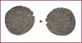 Aquileia, Marquardo (1365-1381), Denaro, 0,76 g Ag, 19 mm, reliquiarium/Tyrolian cross, Bernardi 58a
Very Fine (BB).
