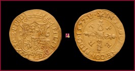 Duchy of Savoy, Emanuele Filiberto Duca (1559-1580), Scudo d’oro del Sole, Type VI, 1577, Nice, 3,32 g Au, 23 mm, MIR Savoia 497m var. (V over N). Fr....