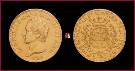 Kingdom of Sardinia, Carlo Felice (1821-1831), 20 Lire, 1824, Genoa, 6,45 g Au, 21 mm, MIR Savoia 1034f (FERT) RRR
Rim nicks, lightly brushed, otherw...