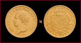 Kingdom of Sardinia, Carlo Felice (1821-1831), 20 Lire, 1828, Turin, 6,45 g Au, 21 mm, MIR Savoia 1034l (FERT)
Rim nicks, otherwise About Extremely F...