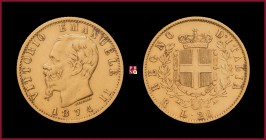 Kingdom, Vittorio Emanuele II (1861-1878), 20 Lire, 1874, Rome, MIR Savoia 1078r
Very Fine (BB).