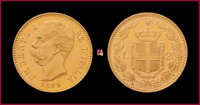 Kingdom, Umberto (1878-1900), 20 Lire, 1893, Rome, MIR Savoia 1098r
Good Extrem...