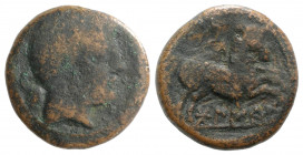 Spain, Bolskan, c. 150-100 BC. Æ Unit (23mm, 8.44g, 1h). Bare bearded head r.; dolphin to l. R/ Warrior, holding spear, on horseback r.; star above. C...