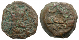 Spain, Carteia, 1st century BC. Æ Semis (20mm, 7.64g, 3h). Laureate head of Jupiter-Saturn r.; S before. R/ Dolphin swimming l.; S above. CNH 31. Fine...