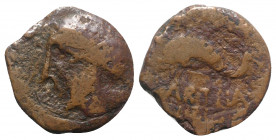 Spain, Carteia, 1st century BC. Æ Semis (23mm, 6.85g, 6h). Male head l. R/ Dolphin swimming l.; [C VIB AID] above. CNH 48. Fine - Good Fine