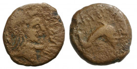 Spain, Carteia, 1st century BC. Æ Quadrans (18.5mm, 3.22g, 6h). Male head r. R/ Dolphin swimming r. CNH 55-7. Fine - Good Fine