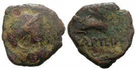 Spain, Carteia, 1st century BC. Æ Semis (25mm, 8.92g, 7h). Laureate head r. R/ Dolphin swimming l.; KARTEIA below. CNH -. Probable barbarous imitation...