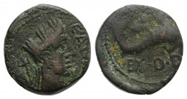 Spain, Carteia, 1st century BC. Æ Quadrans (17mm, 3.91g, 6h). Turreted head of Tyche r.; trident behind. R/ Cupid on dolphin r. RPC I 116; CNH 65. Gre...