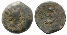 Spain, Carteia, after 44 BC. Æ Semis (22.5mm, 7.74g, 6h). Turreted head of Tyche r. R/ Fisherman seated on rock l. RPC I 120; CNH 69. Fine - Good Fine...
