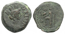 Spain, Carteia, after 44 BC. Æ Semis (22mm, 8.93g, 6h). Turreted head of Tyche r. R/ Neptune standing l., holding dolphin and trident. RPC I 122; CNH ...