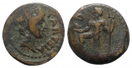 Spain, Carteia, after 44 BC. Æ Semis (21.5mm, 8.04g, 6h). Turreted head of Tyche r. R/ Neptune standing l., holding dolphin and trident. RPC I 122; CN...