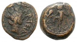 Spain, Carteia, after 44 BC. Æ Semis (22mm, 6.43g, 5h). Turreted head of Tyche r. R/ Neptune standing l., holding dolphin and trident. RPC I 122; CNH ...