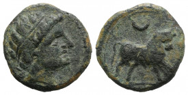 Spain, Castulo, before 214/2 BC. Æ Half Unit (20mm, 4.95g, 12h). Laureate male head r. R/ Bull standing r.; crescent above. CNH 2-3. Green patina, VF