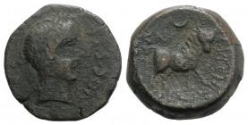 Spain, Castulo, mid 2nd century BC. Æ Semis (25mm, 14.24g, 3h). Laureate male head r. R/ Bull advancing r., head facing; CN crescent above, FVL.CNF be...