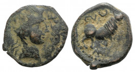 Spain, Castulo, mid 2nd century BC. Æ Semis (24.5mm, 8.81g, 9h). Diademed male head r. R/ Bull standing r.; CN and crescent above. CNH 18. Green patin...