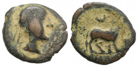 Spain, Castulo, late 2nd century BC. Æ Semis (18mm, 2.89g, 11h). Diademed male head r.; palm branch before. R/ Bull standing r.; crescent above. CNH 4...