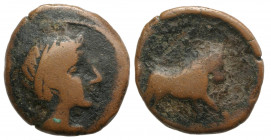 Spain, Castulo, late 2nd century BC. Æ Semis (21mm, 5.48g, 2h). Diademed male head r. R/ Bull standing r. Cf. CNH 43-4. Brown patina, Fine